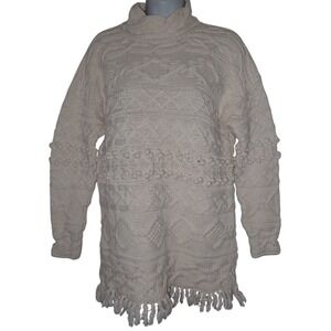 BALLINGER GOLD Cream Cable Knit Turtleneck‎ Tunic Sweater Fringe Tassel L